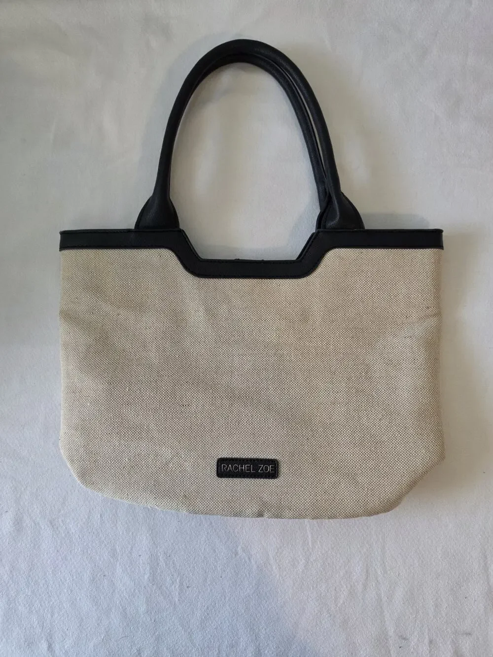 Rachel Zoe Capri Canvas Tote Bag Beige Black Linen Vegan Leather Shoulder Purse